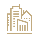 Vector line art of a city, with skyscrapers drawn in bold gold lines
